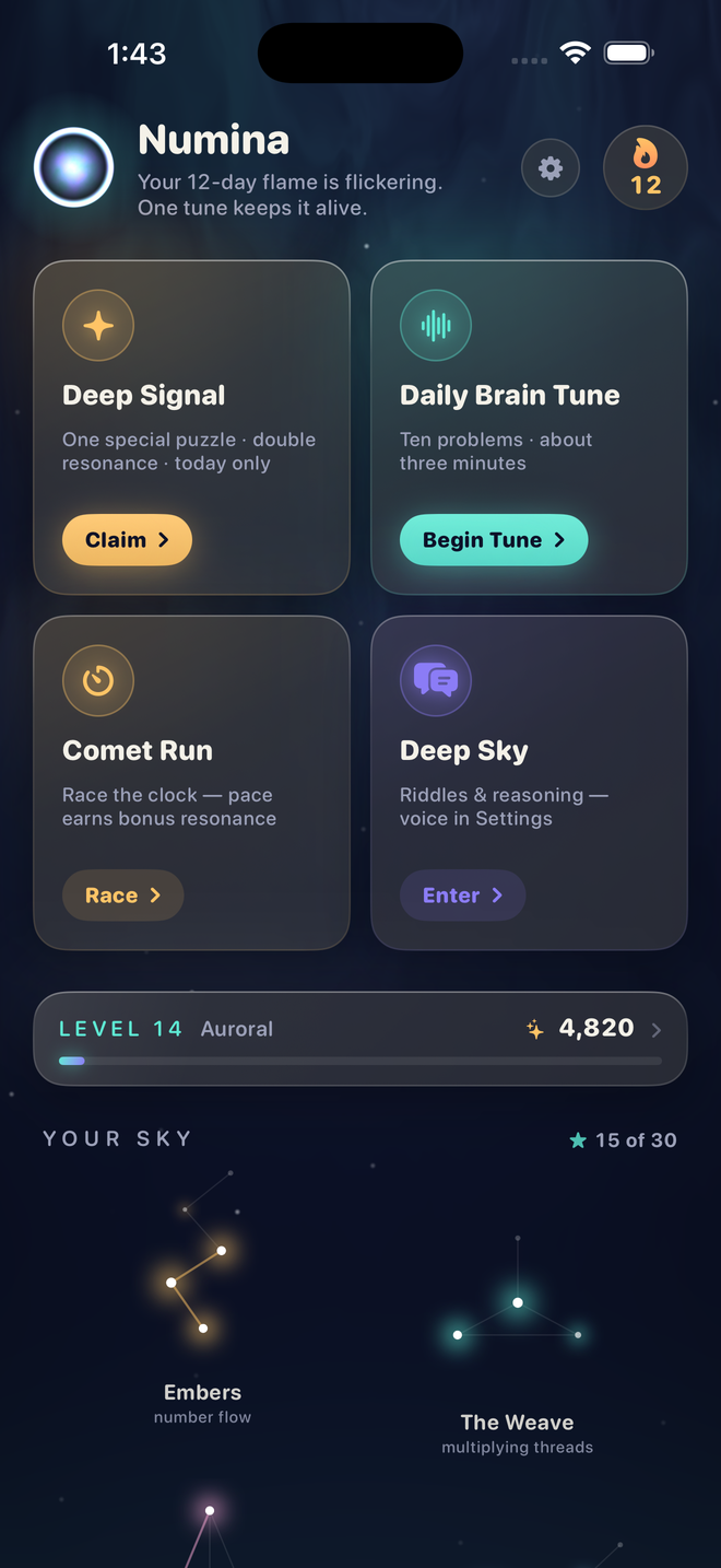 Numina home screen: seven constellations in a night sky